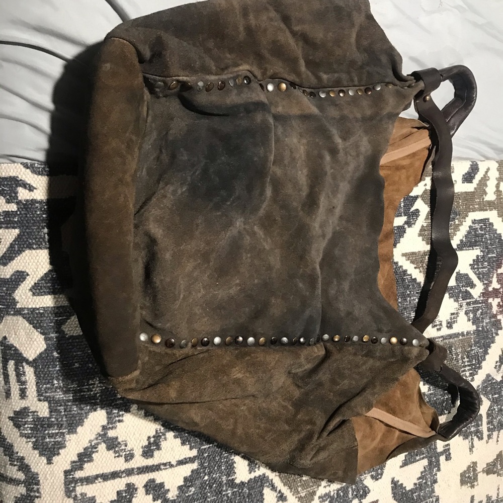 Brown vintage real suede shoulder bag -w/studs